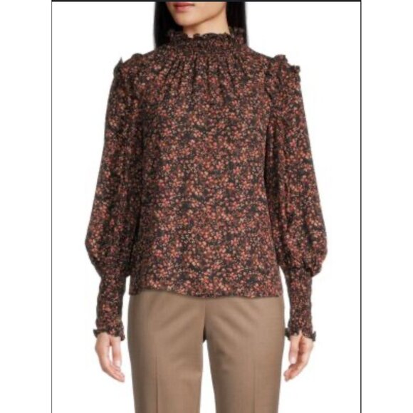 Max Studio Women's Blouse Size XL Ruffles Ditzy Print Autumn Smocked Neck Cuffs - Picture 1 of 16